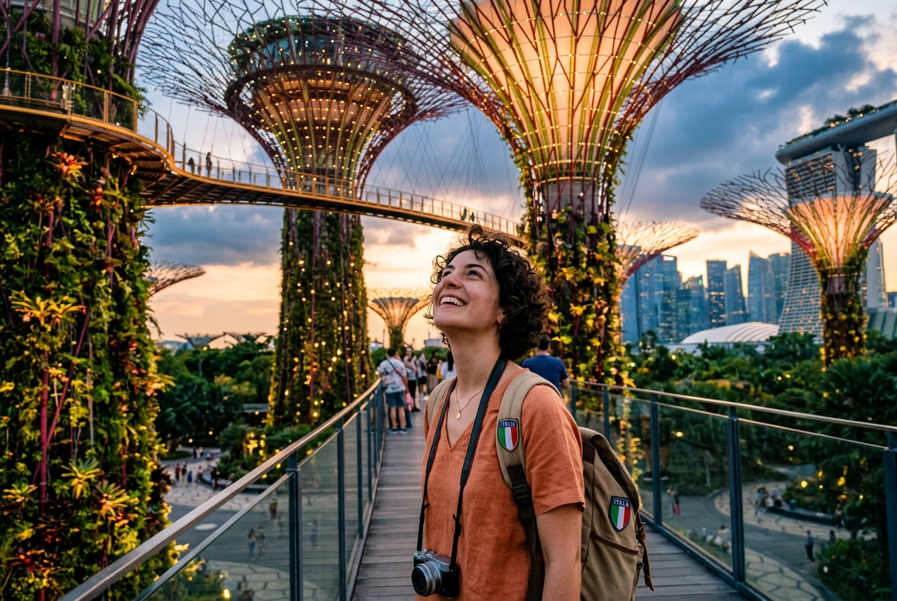 Elena Rossi smiling in awe at Supertrees Gardens by the Bay