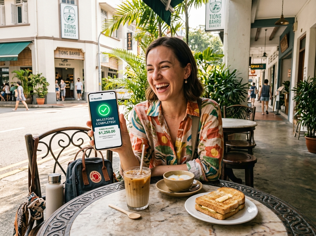 Smiling solo traveler Sophie Lin in Tiong Bahru cafe