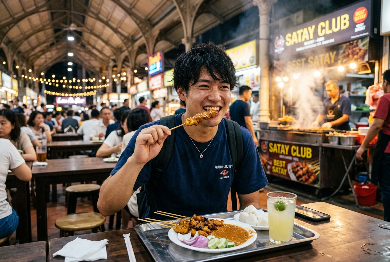 Kenji smiling over satay skewers at Lau Pa Sat food market