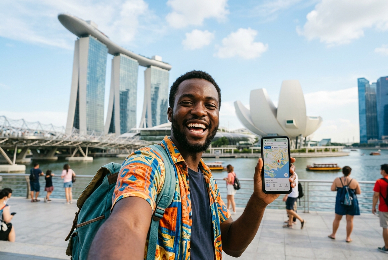 Smiling solo traveler Babatunde Adeleke at Marina Bay with HostSG