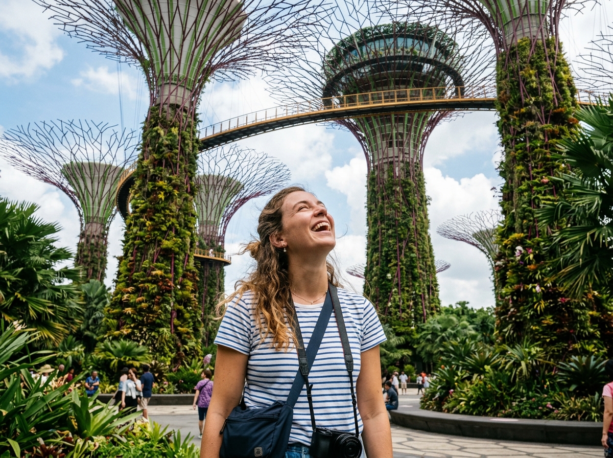 Single female traveler smiling with joy under Supertrees
