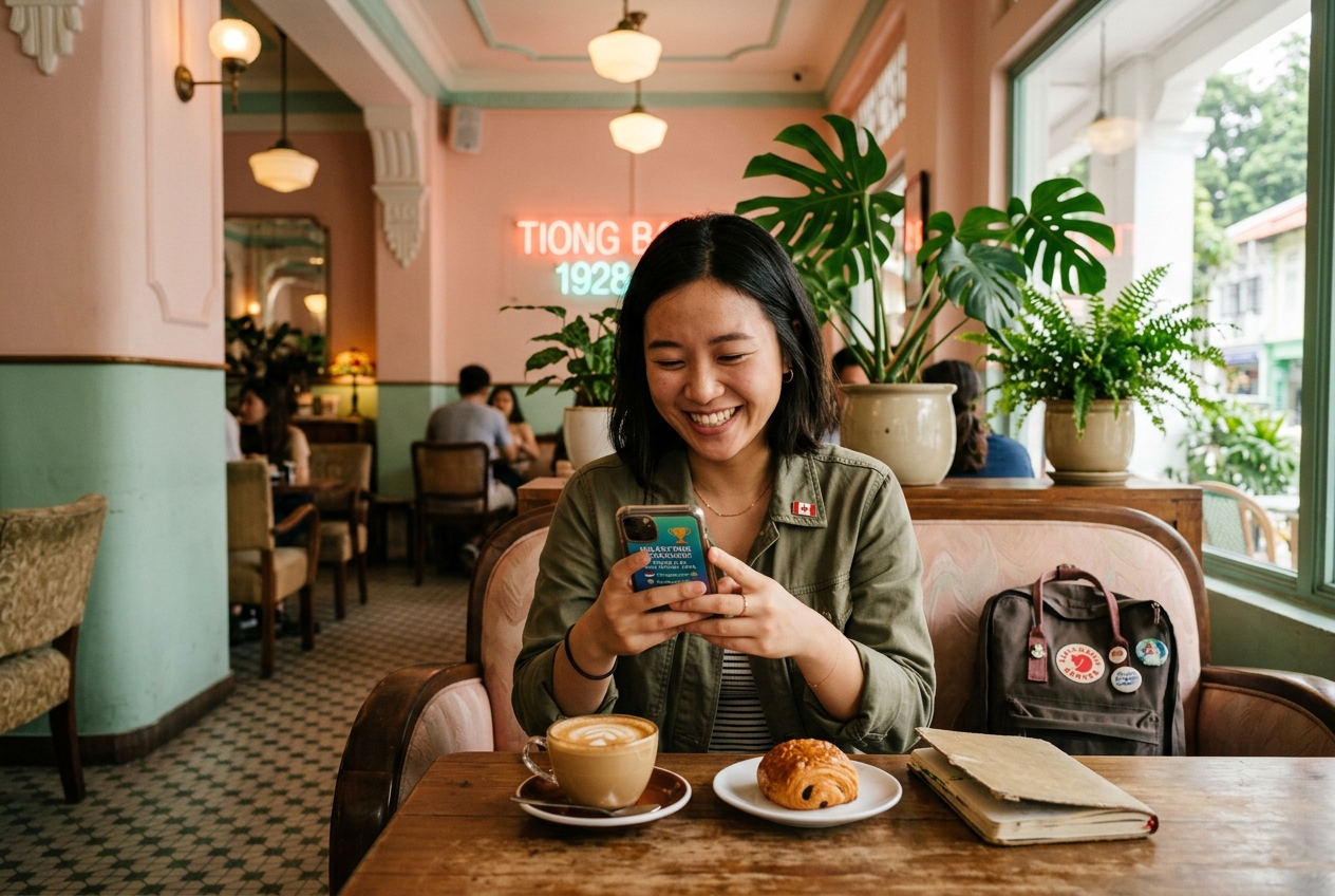 Sophie Lin smiling happily at her HostSG milestone screen in cafe